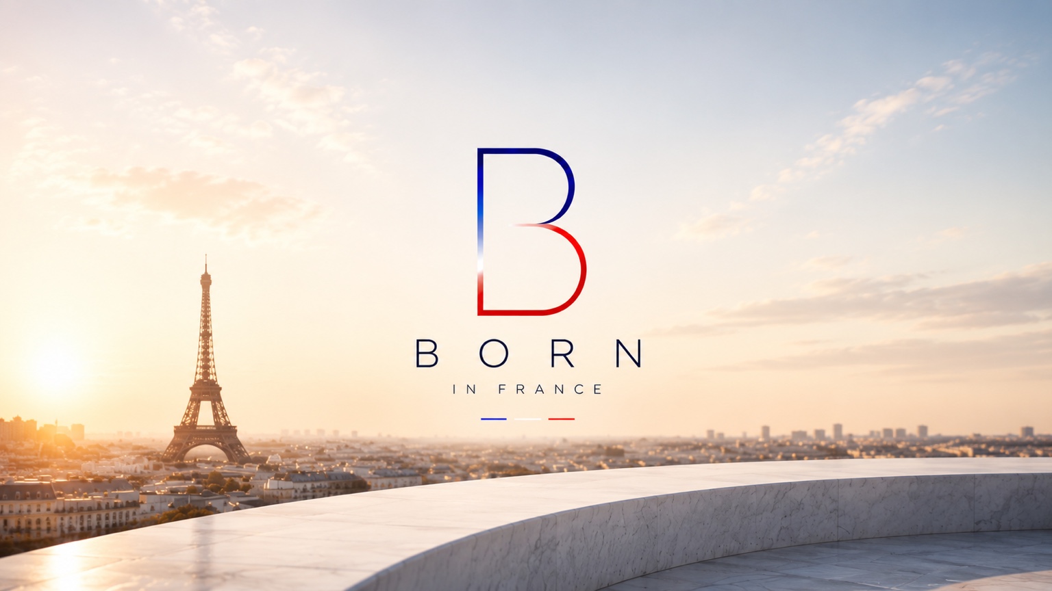 Paris au coucher du soleil avec la Tour Eiffel et l'identité Born in France